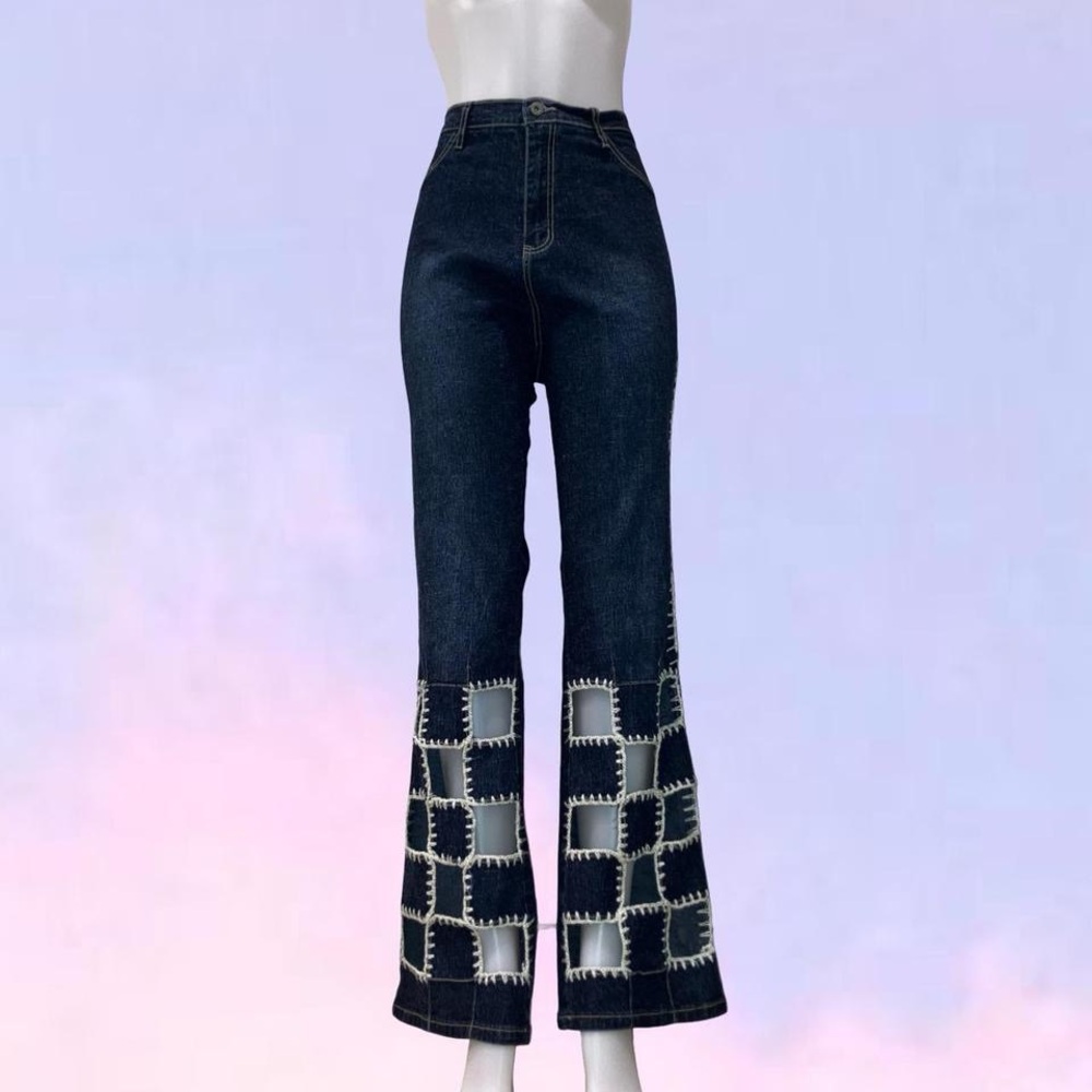 Vintage 90s y2k LAZER JEANS HIGH-Waist Dark Blue Jeans with Patchwork Cutouts